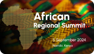 Poster for the African Regional Summit. 5 September 2024 in Nairobi, Kenya. Background image is of a colourful traditional African textile and the map of African continent
